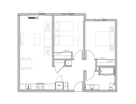 Floor plan for 2 beds, 1 bath, 944 sqft